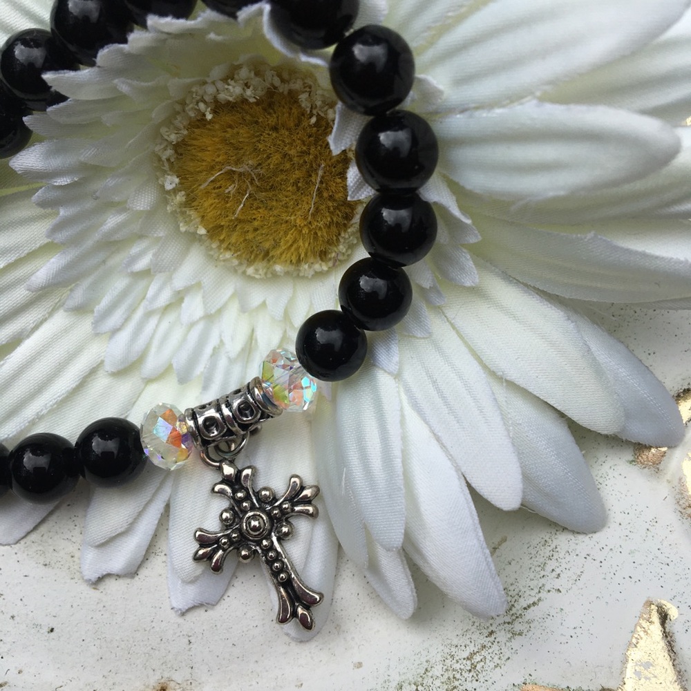 Obsidian Gemstone Beads Stretch Bracelet, Swarovski Crystal beads & cross charm